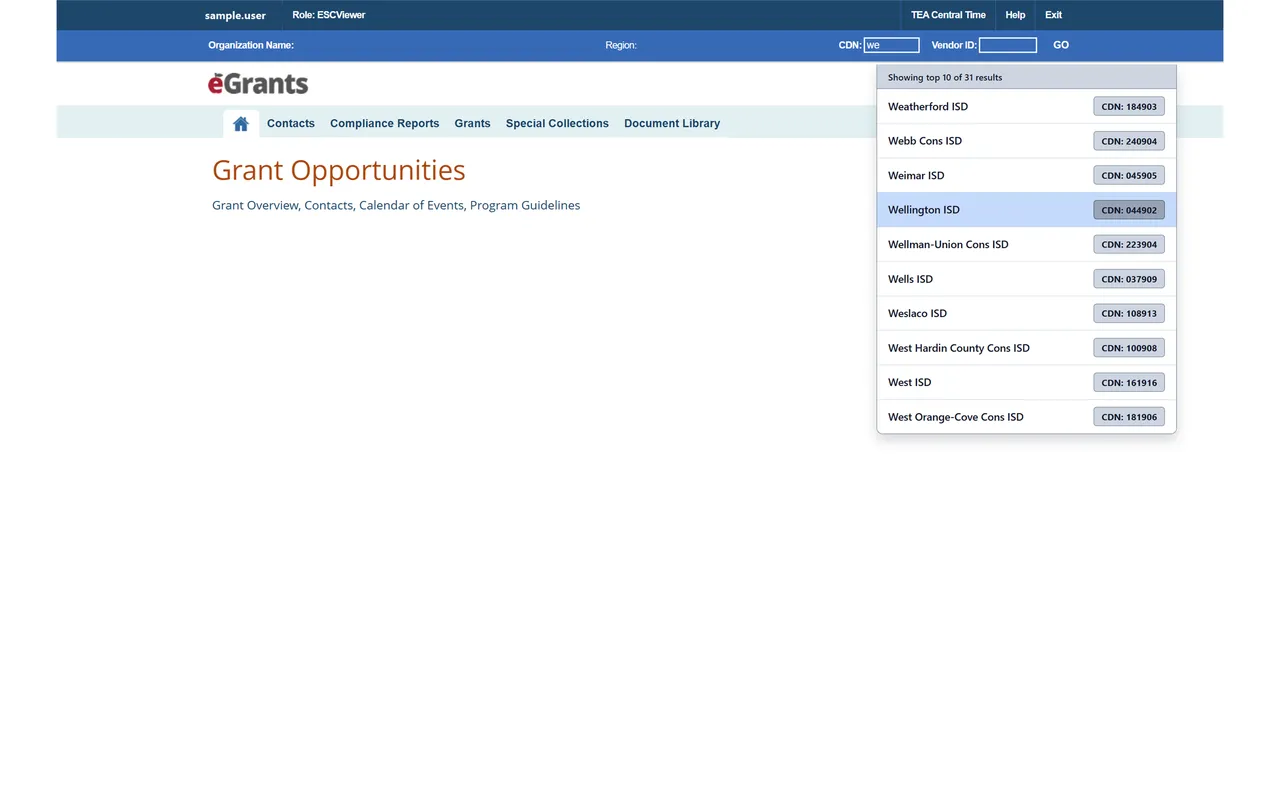 eGrants with 'we' typed into the CDN box and a dropdown of ten matching districts, each with its CDN number