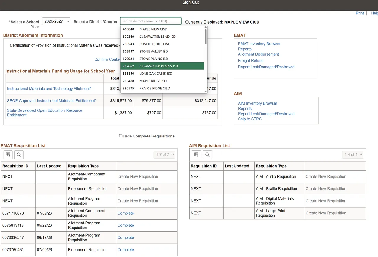 The EMAT District Start Page with Sweet TEA's district switcher open, listing districts by CDN and name, and a 'Currently Displayed' label beside the box