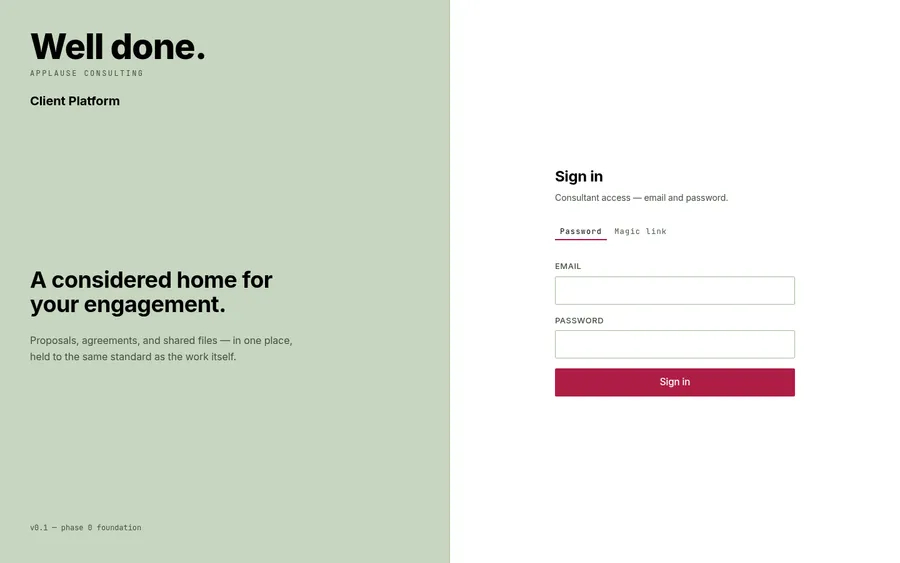 The Client Platform sign-in screen: a two-column layout with the Applause Consulting wordmark and 'A considered home for your engagement' on the left, and the sign-in form on the right