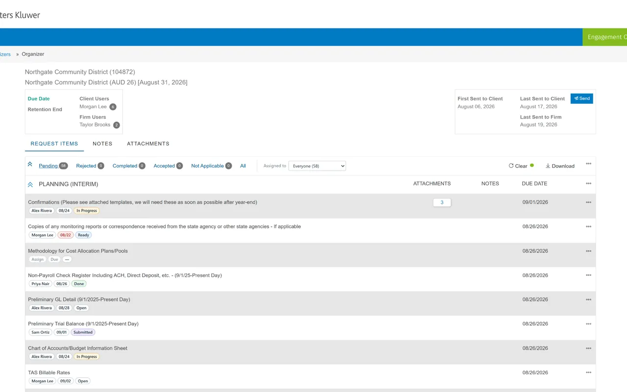 The CCH Engagement Organizer request list with an owner, due-date and status chip beneath each item, and an 'Assigned to' dropdown beside the organizer's own tabs