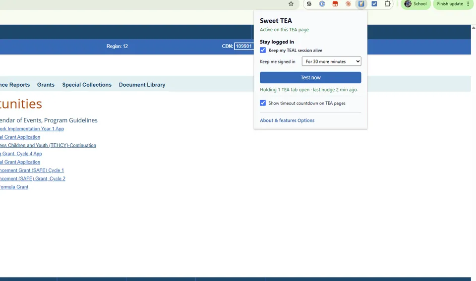 The Sweet TEA toolbar popup: 'Active on this TEA page', the Stay logged in checkbox ticked, duration set to 'For 30 more minutes', the countdown badge enabled, and a status line reading 'Holding 1 TEA tab open'